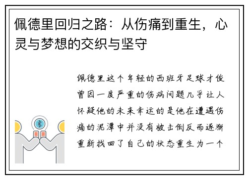 佩德里回归之路：从伤痛到重生，心灵与梦想的交织与坚守