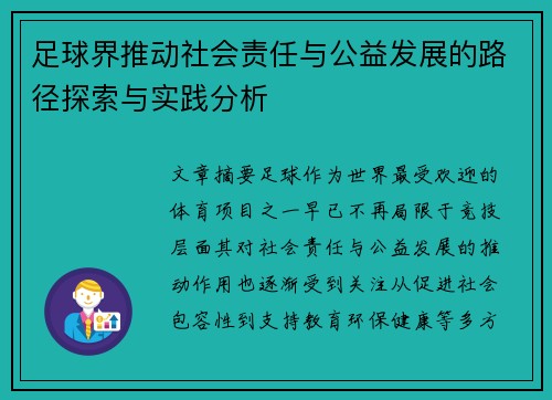 足球界推动社会责任与公益发展的路径探索与实践分析